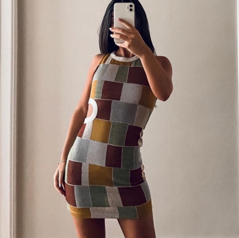 Zara Multicolor Patchwork Cutout Mini Dress — Sage, Mustard, Rust, Sky - Picture 3 of 16
